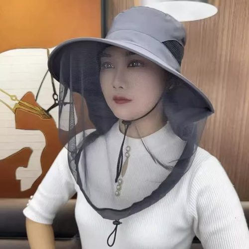 夏季网纱帽薄款透气防晒面纱一体防蚊虫护颈男女披肩帽露营遮阳帽 - 图0