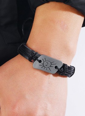 Black Leather Bracelet Handmade Stylish Patterns for MenMens