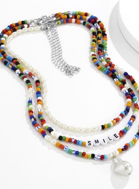 Bohemian Style Abnormal Pearl Letter Multilayered Necklace f