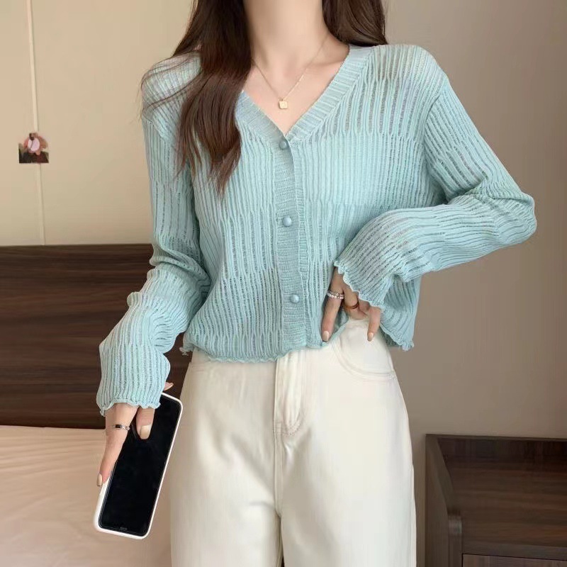 V领针织开衫女短款长袖小外套纯色上衣女