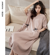 Fenten Sleeping Dress Woman Summer Pure Cotton Medium Long dress short sleeve dress 2022 New summertime sleepwear pajamas