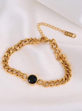 英国chrry koop欧美黑色圆牌手链女粗链条短款锁骨链钛钢颈链