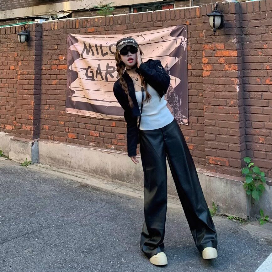 罗诚意【超模比例裤】秋季黑色直筒PU皮裤女宽松显瘦休闲百搭长裤,淘宝优惠券,粉丝福利购,淘宝优惠卷