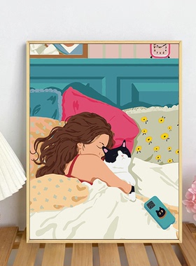 少女和猫diy数字油画装饰画