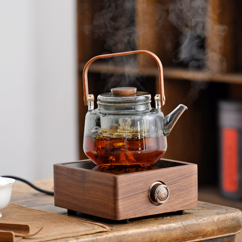 胡桃木电陶炉煮茶器电热煮茶炉耐热玻璃烧水壶蒸茶器光波围炉整套