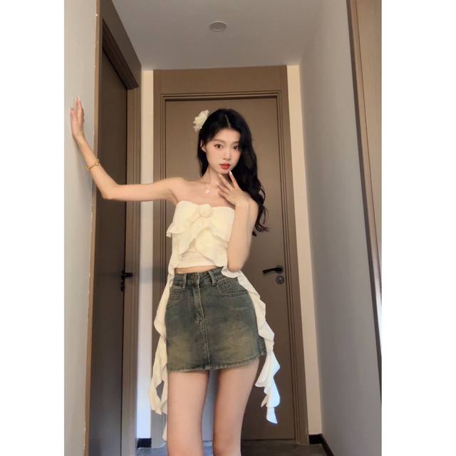 Seven-point candy retro blue denim skirt hot girl anti-exposure high-waisted slim A-line skirt