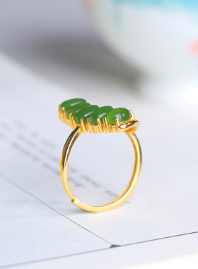 天然和田碧玉排戒女S925银食指环