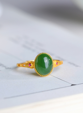 天然和田玉碧玉戒指S925银戒活口