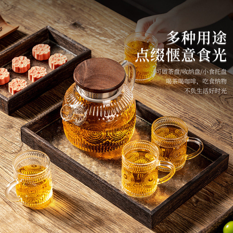 海棠花玻璃托盘长方形ins风家用复古木质高级感放茶杯子零食果盘,淘宝优惠券,粉丝福利购,淘宝优惠卷