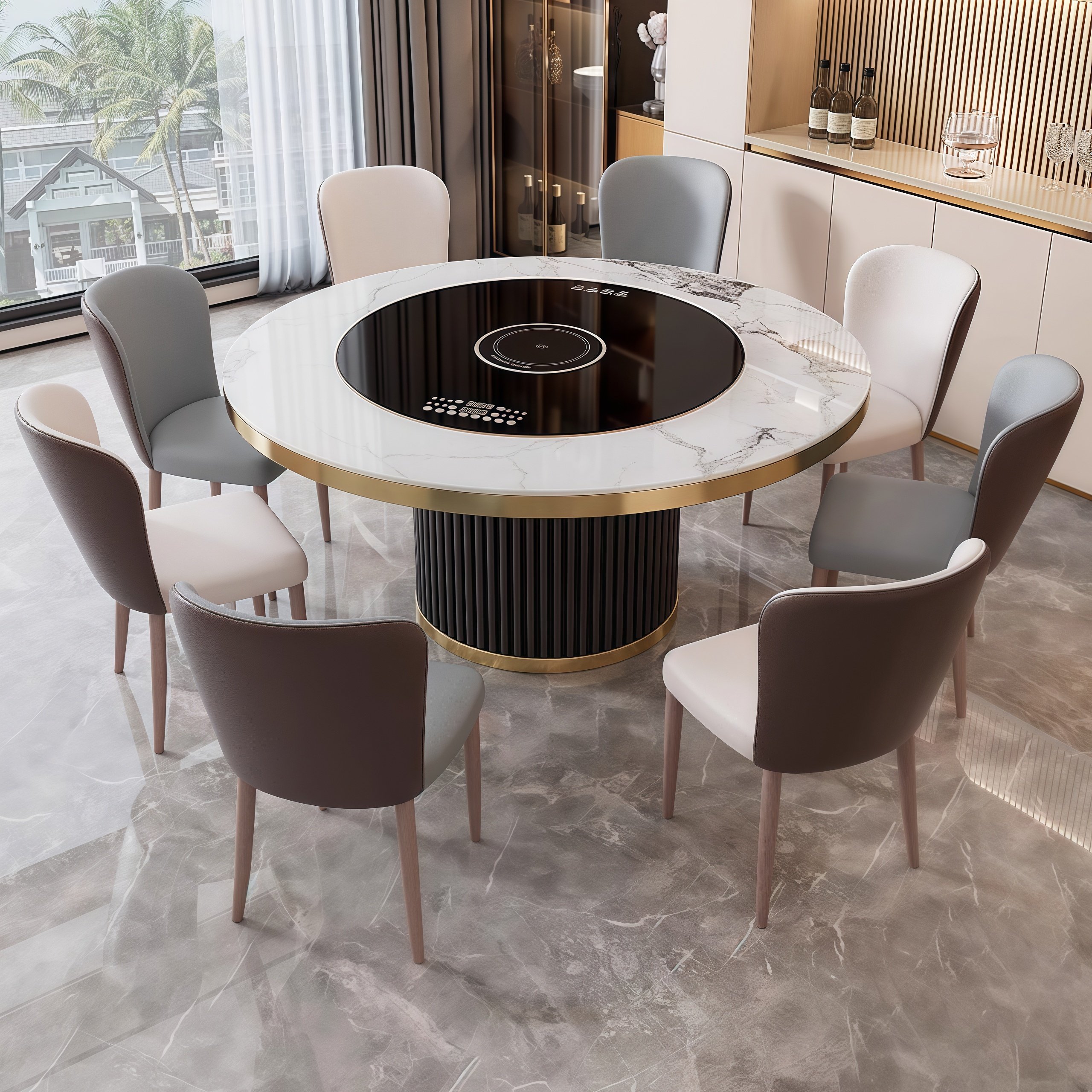 轻奢内嵌岩板餐桌多功能电动暖菜板电磁炉转盘小户型圆桌加热保温 - 图0
