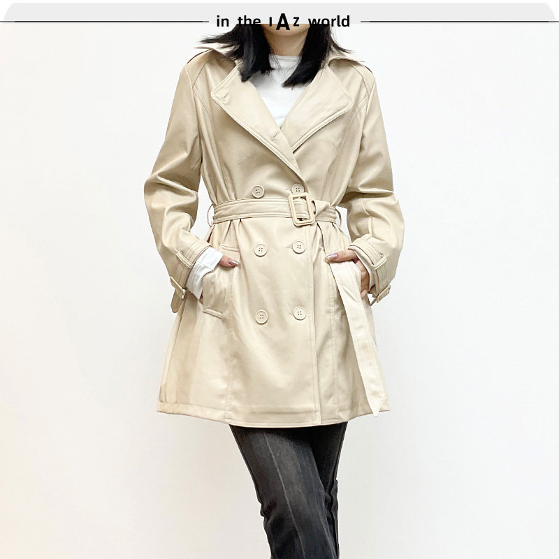 IAZ中长款双排扣pu皮风衣外套