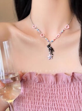 黑猫粉色星星串珠项链女夏y2k辣妹可爱百搭配饰设计感甜酷锁骨链