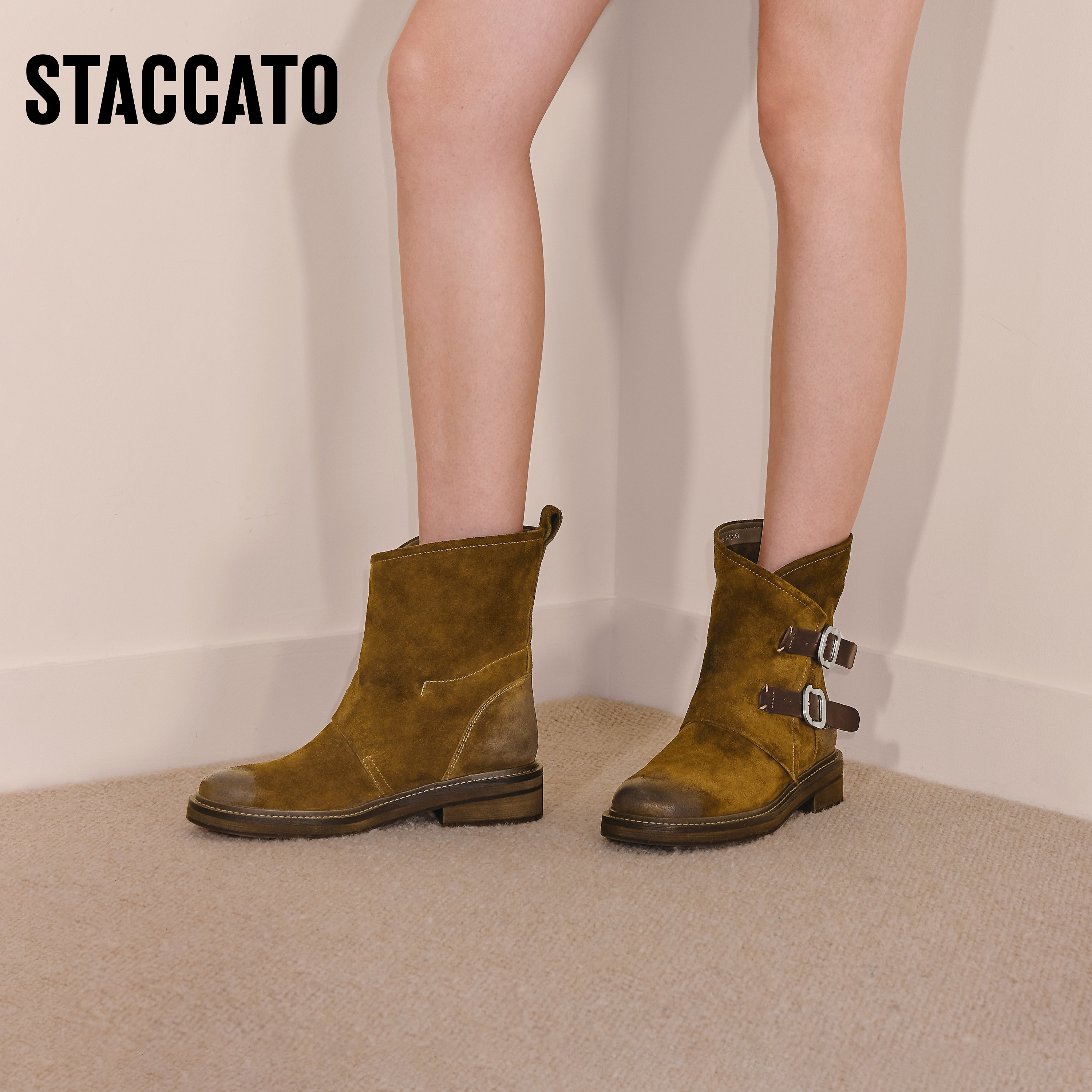 思加图2025冬季新款复古西部靴牛仔靴中靴时装靴粗跟女靴C0085DZ5 - 图3