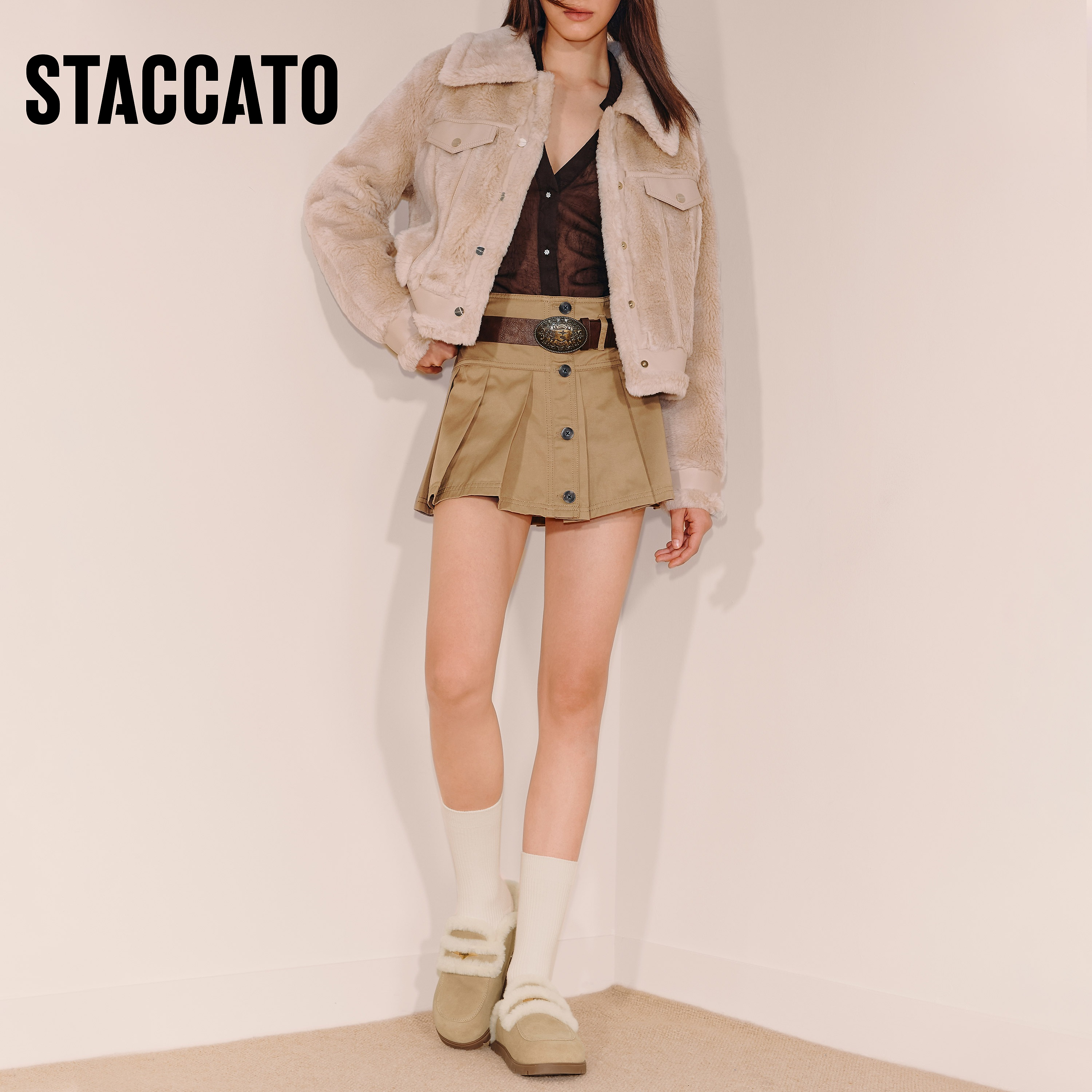 思加图2025冬季新款勃肯鞋毛毛鞋大头鞋厚底加绒半拖鞋女EIM01DH5 - 图1