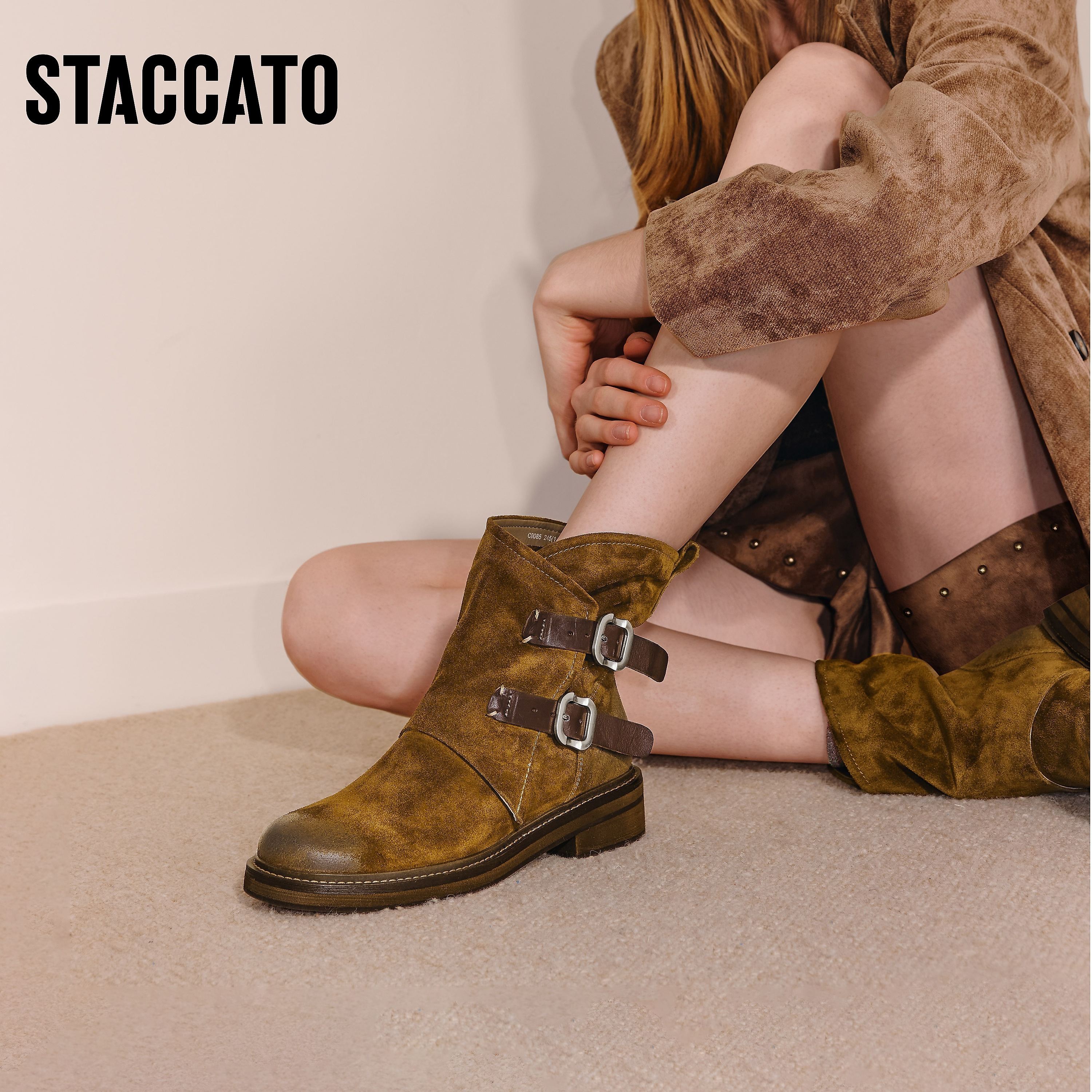 思加图2025冬季新款复古西部靴牛仔靴中靴时装靴粗跟女靴C0085DZ5 - 图2