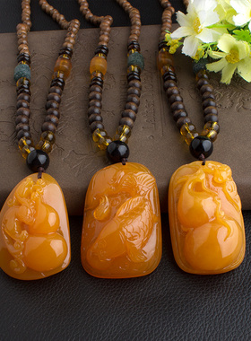 蜜蜡鸡翅木男女民族风毛衣链