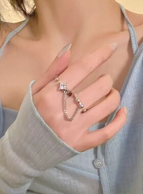 叠戴链条锆石开口戒指女可调节