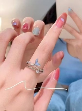 蓝鱼尾开口戒个性ins小众蓝色