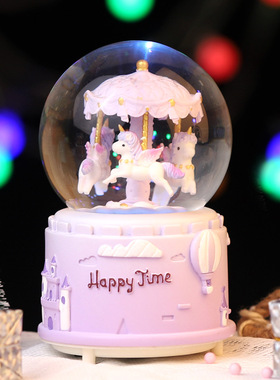创意粉色旋转木马水晶球树脂工艺装饰摆件八音盒生日七夕礼物女生