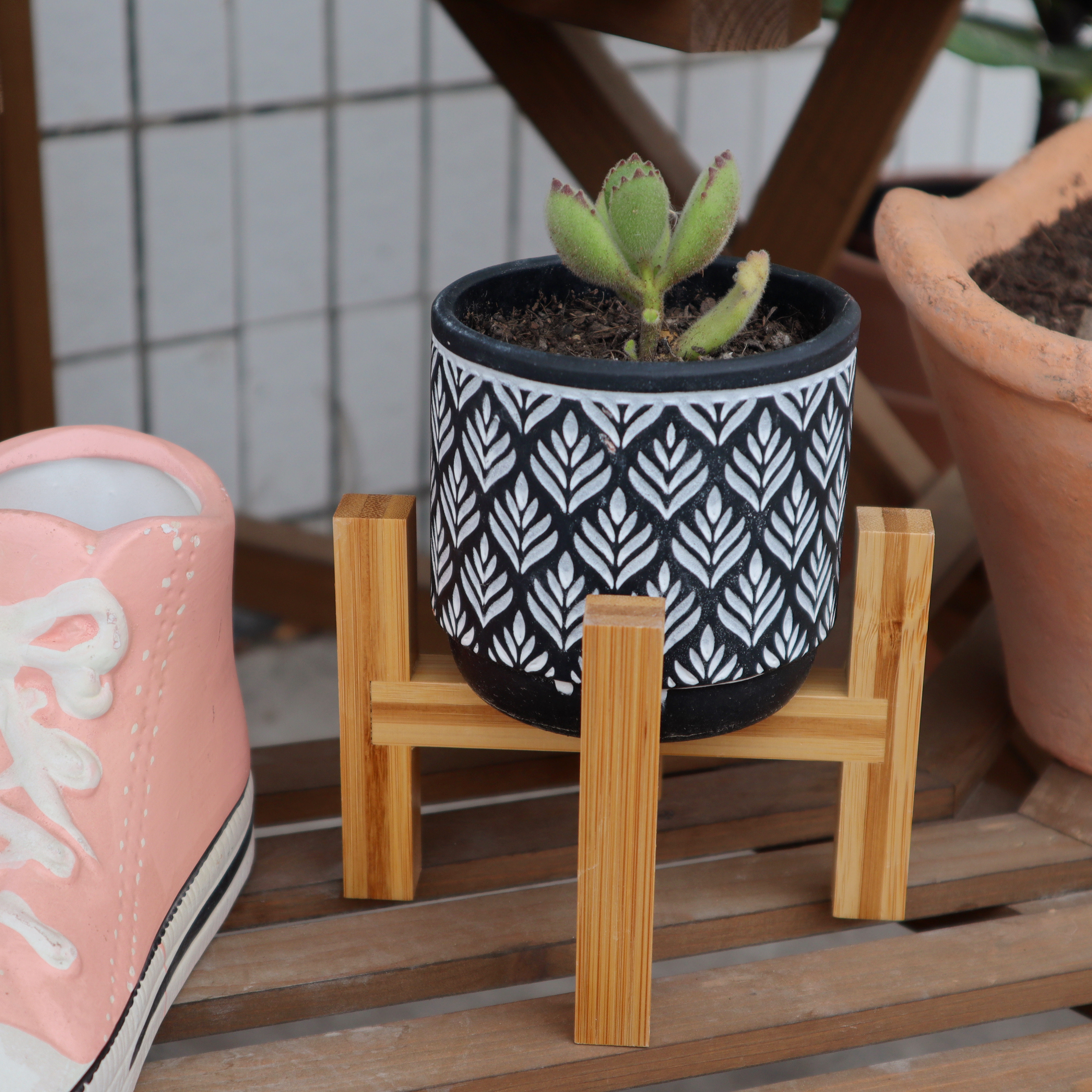 十字形竹木花架陶瓷花盆托架拼装园艺花园阳台绿植桌面落地室内外,淘宝优惠券,粉丝福利购,淘宝优惠卷