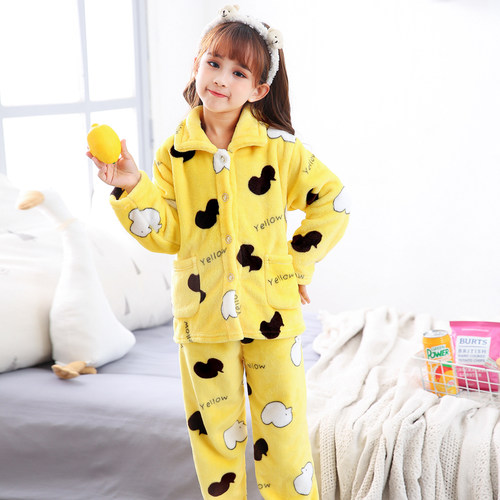 女童珊瑚绒睡衣秋冬季儿童加厚法兰绒套装男童女孩宝宝长袖家居服 - 图1