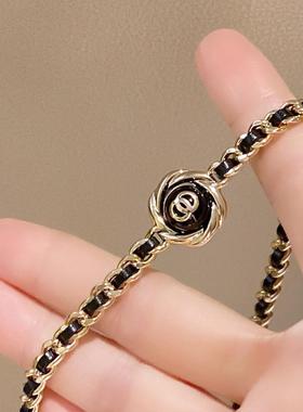 新款复古皮革编织小香风镀14K金钮扣式短颈带项链项圈锁银针