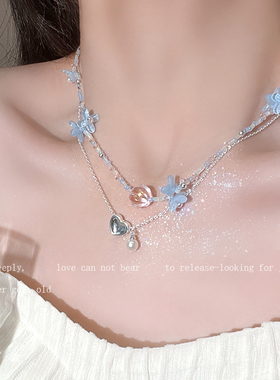 蓝色花朵爱心吊坠多巴胺珍珠颈链