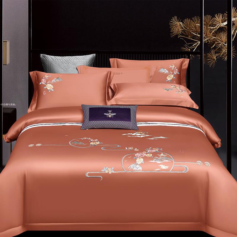 日本购全棉结婚庆床上被套四件套床单式纯棉紫色粉红色刺绣中式床
