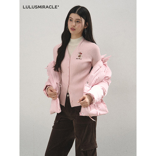 LulusMiracle【甜布利】甜美V领粉色针织开衫上衣女春季长袖毛衣 - 图1