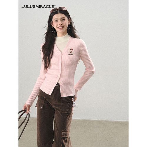 LulusMiracle【甜布利】甜美V领粉色针织开衫上衣女春季长袖毛衣 - 图0