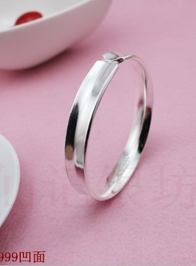 仙记正品 纯手工 男女情侣款纯银银手镯 999纯银 光面凹面镯 C型