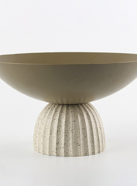 现代侘寂风仿石纹高脚圆形果盘摆件北欧家居高颜值零食水果盘饰品