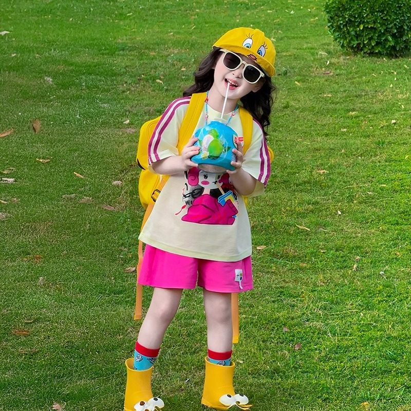 女童夏日套装2025新款洋气女孩多巴胺短裤夏季儿童韩版休闲两件套,淘宝优惠券,粉丝福利购,淘宝优惠卷