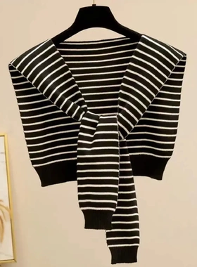 白色条纹外搭小披肩针织打结女韩版百搭装饰假领子围巾春夏秋搭肩