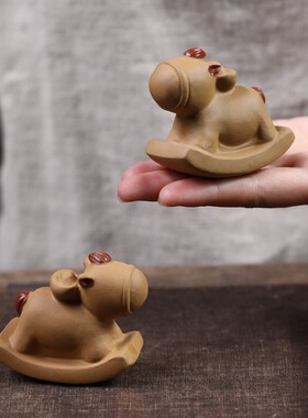 手工可爱小动物紫砂摇摇马桌面摆件马上有钱工艺品书房玄关装饰