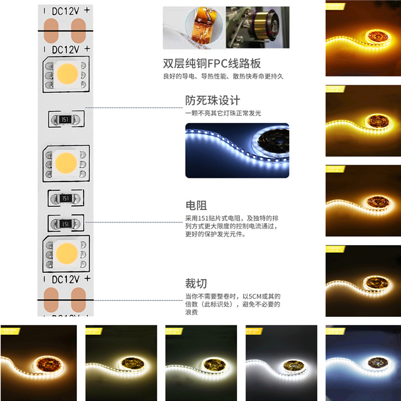 12V24V灯带条防水色温2000K2400K2700K3000K3500K4000K5000K贴片-图0