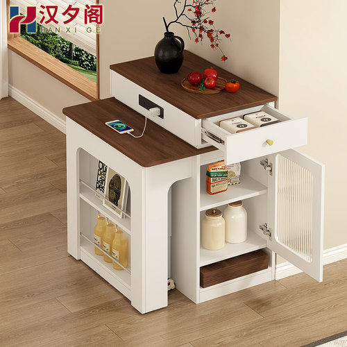 中古风餐桌一体可移动伸缩岛台小户型多功能折叠桌餐边柜一体E79 - 图3