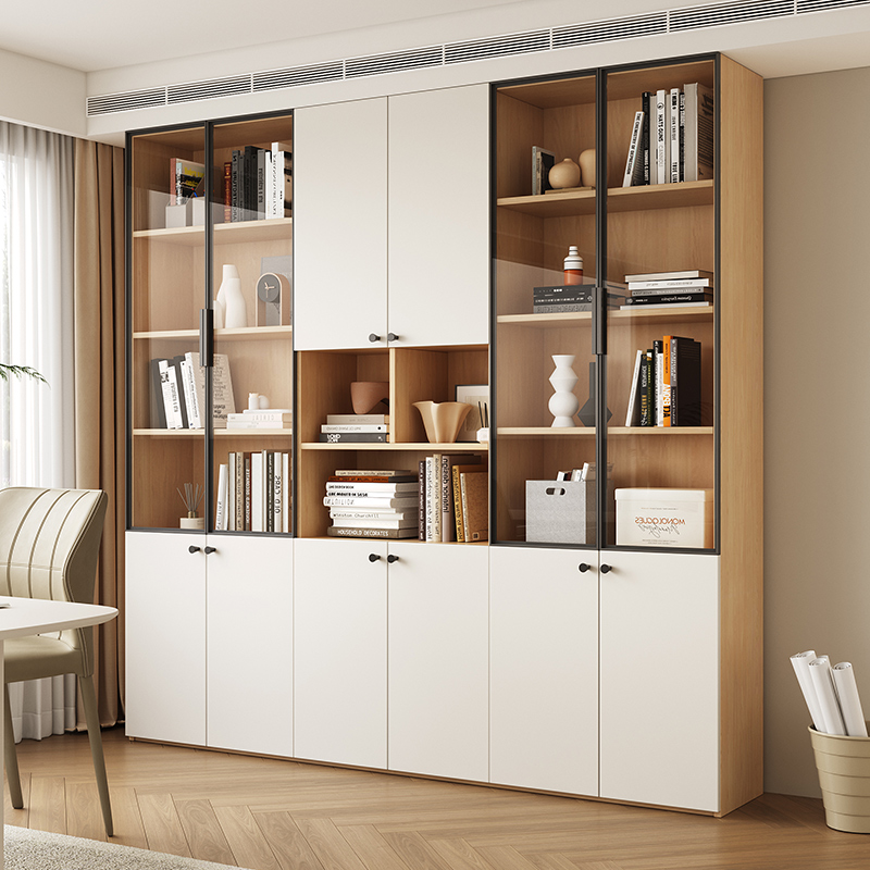 全实木定制书柜带玻璃门一体整墙到顶卧室靠墙书房储物手办展示柜 - 图3