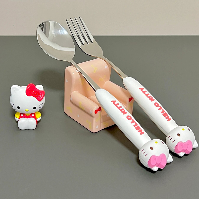 三丽鸥hellokitty勺叉套装可爱儿童不锈钢餐具三件套学生收纳盒子