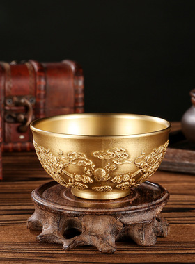 黄铜8cm浮雕双龙茶碗餐厅桌面招米百福供水碗聚财供奉聚宝盆摆件