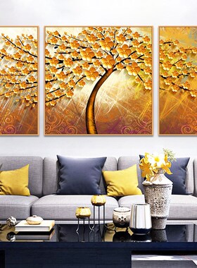 速发客厅装饰画沙公背景墙式联画挂画新中三抽象发财树办发室壁画
