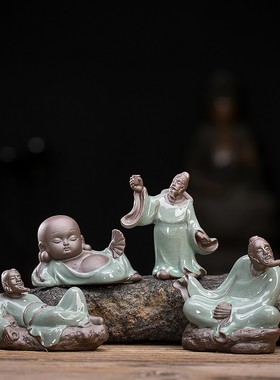 速发陶瓷小摆件历面人物中式史意下棋小和尚装饰品家居书房桌禅工
