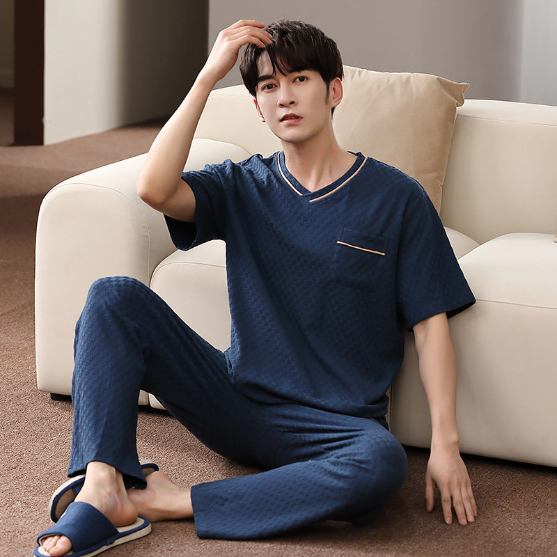 爽棉男夏季短袖纯棉长裤睡衣家居服V领套装加肥宽松XXXXL大码 RR - 图3