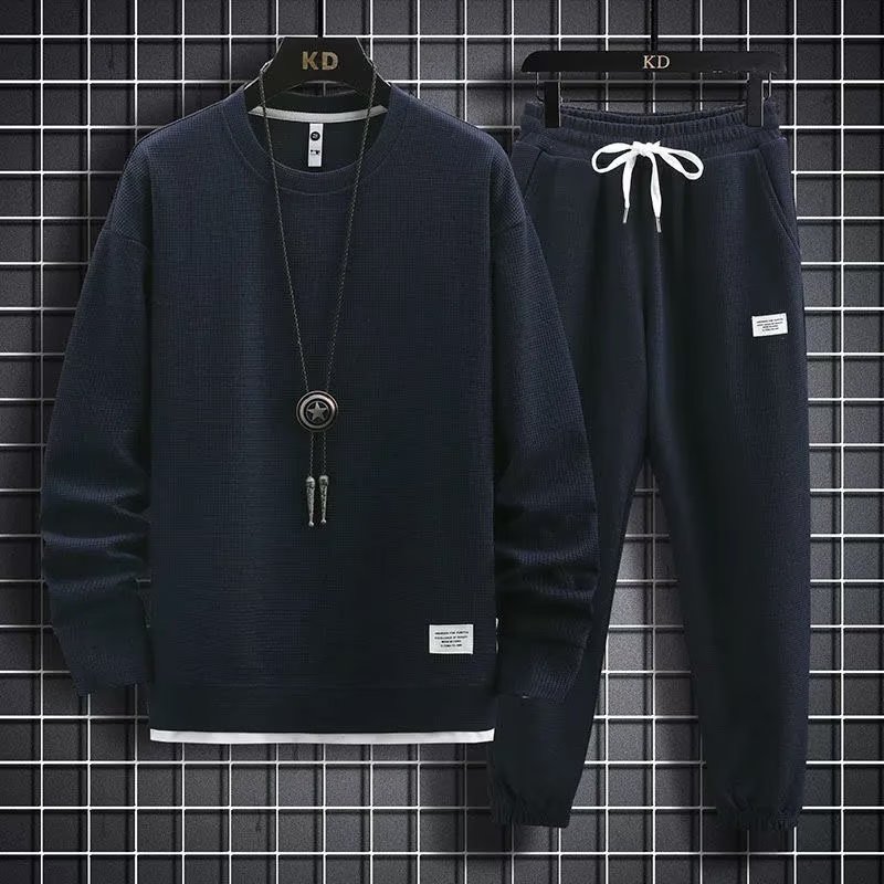 秋季华夫格棉男运动休闲套装春秋t恤男装长裤一套搭配长袖纯色潮,淘宝优惠券,粉丝福利购,淘宝优惠卷