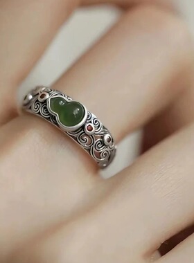 日系Cherry Kitty碧玉祥云葫芦戒指女款小众复古国风宫廷可调节