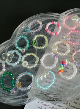 清新夏日串珠水晶蝴蝶透色戒指可爱多巴胺配色戒指米珠弹力戒指