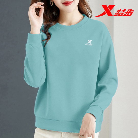 特步圆领卫衣女秋冬官方旗舰店正品长袖百搭套头衫冬季运动上衣女