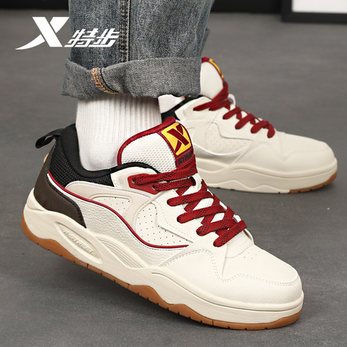 特步小白鞋男冬季新款百搭板鞋青少年滑板鞋皮面防水男士运动鞋子 - 图0