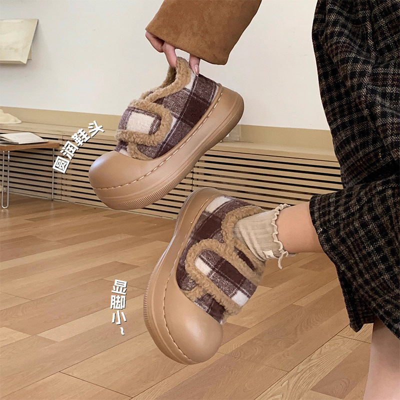 学生网红厚底外穿魔术贴毛毛鞋女防滑复古撞色格子冬季面包鞋棉鞋,淘宝优惠券,粉丝福利购,淘宝优惠卷