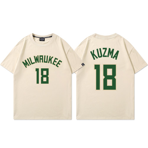 雄鹿队库兹马18号篮球衣男美式休闲运动训练短袖宽松纯棉半袖T恤 - 图1